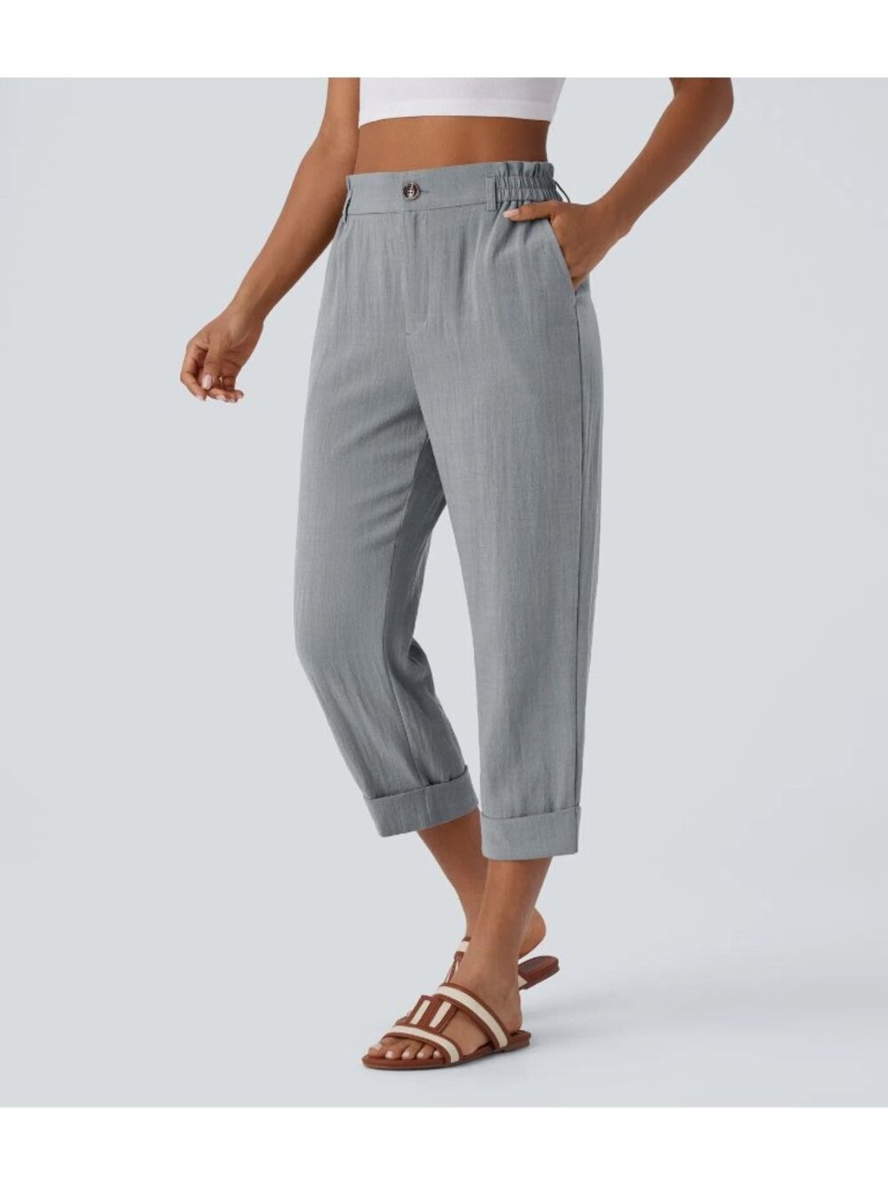 Halara Gray High Waisted Pocket Cropped Linen-Feel Pants Size Small NWOT